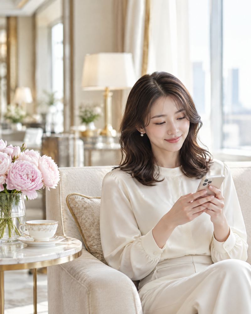 ホテルのラウンジのソファで、スマートフォンを見ながら微笑む女性