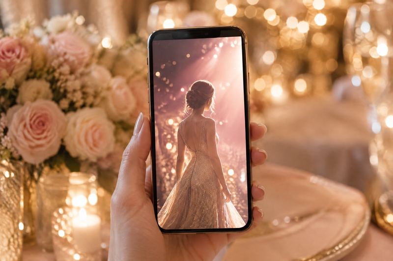 花とシャンパンゴールドの光の中で、ドレス姿の映像が映ったスマートフォンを手に持つ様子